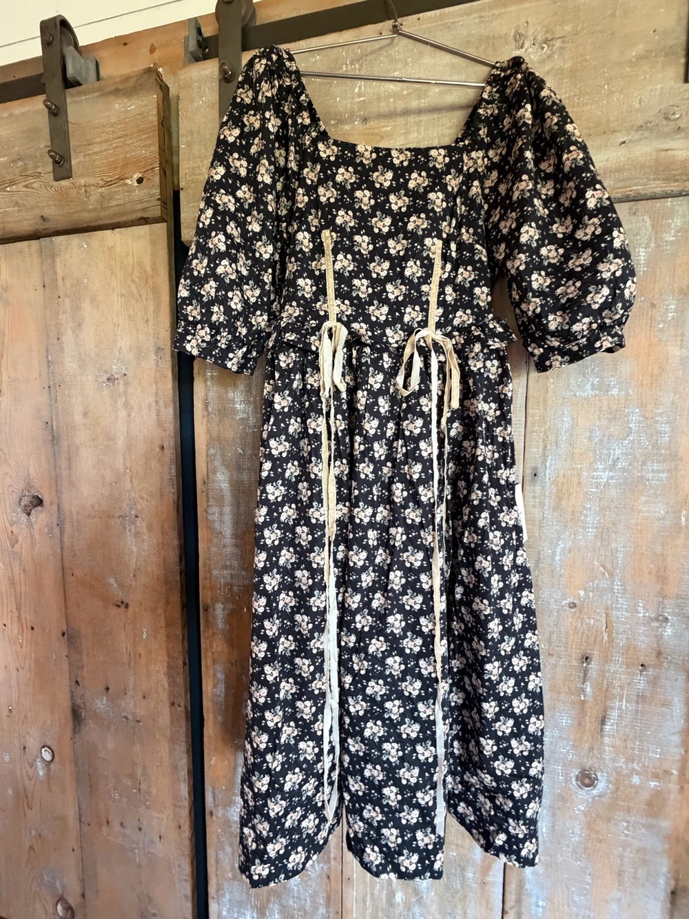 bohme Black Floral Midi Dress with Cream Tie Accents